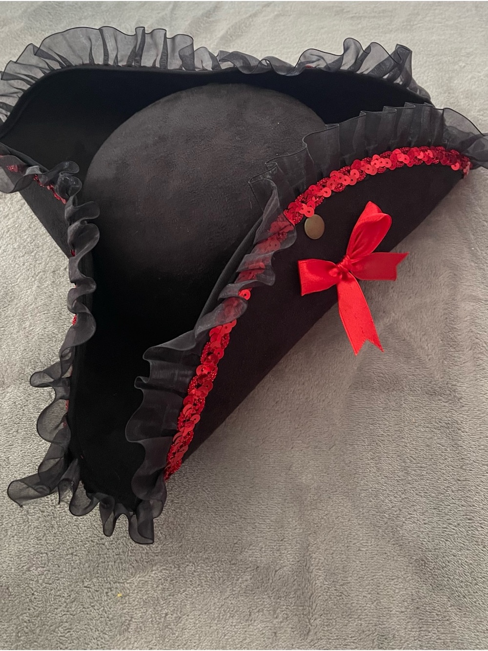 Halloween Black pirate Hat with Red Sequin Trim and Bow
